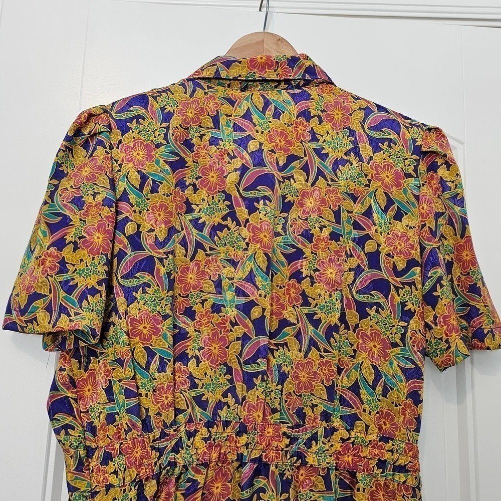 Vintage Arbor Creek Dress Size Large 80s Purple Yellow Floral Shirt Dress Midi - Picture 7 of 10